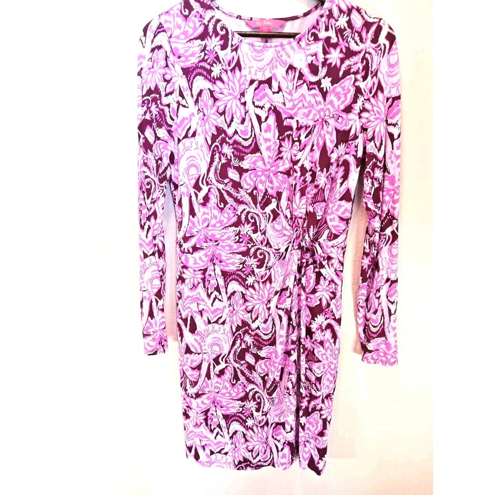 Lilly Pulitzer Lynn Twist Dress Mulberry Wild Ride Elephant Pink Size L Midi